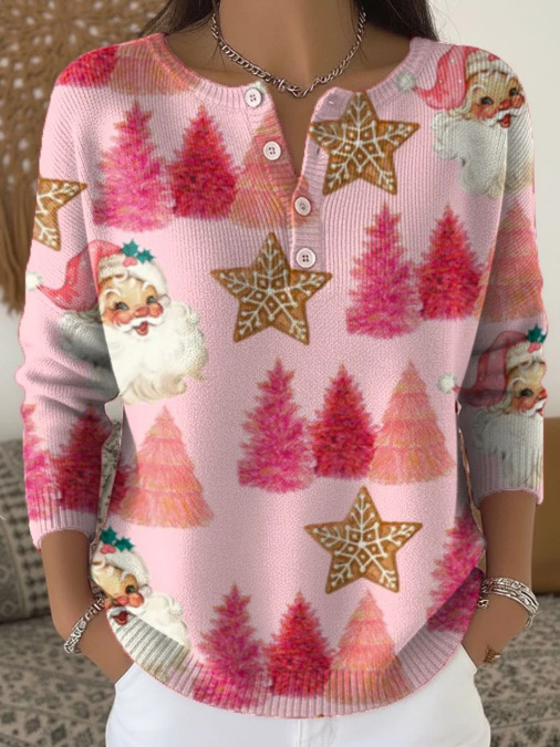 Women's Christmas Tree Snowman Scarf Print Button Sweatshirt