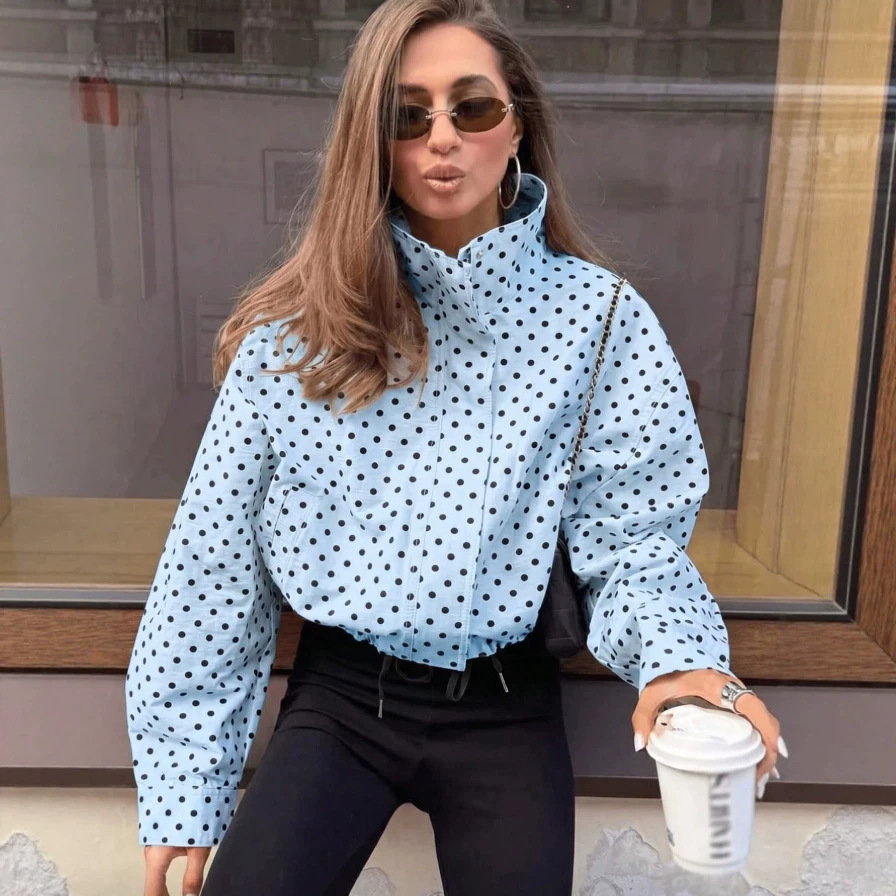 Polka Dot Long Sleeve Loose Fit Zip Jacket with Pockets