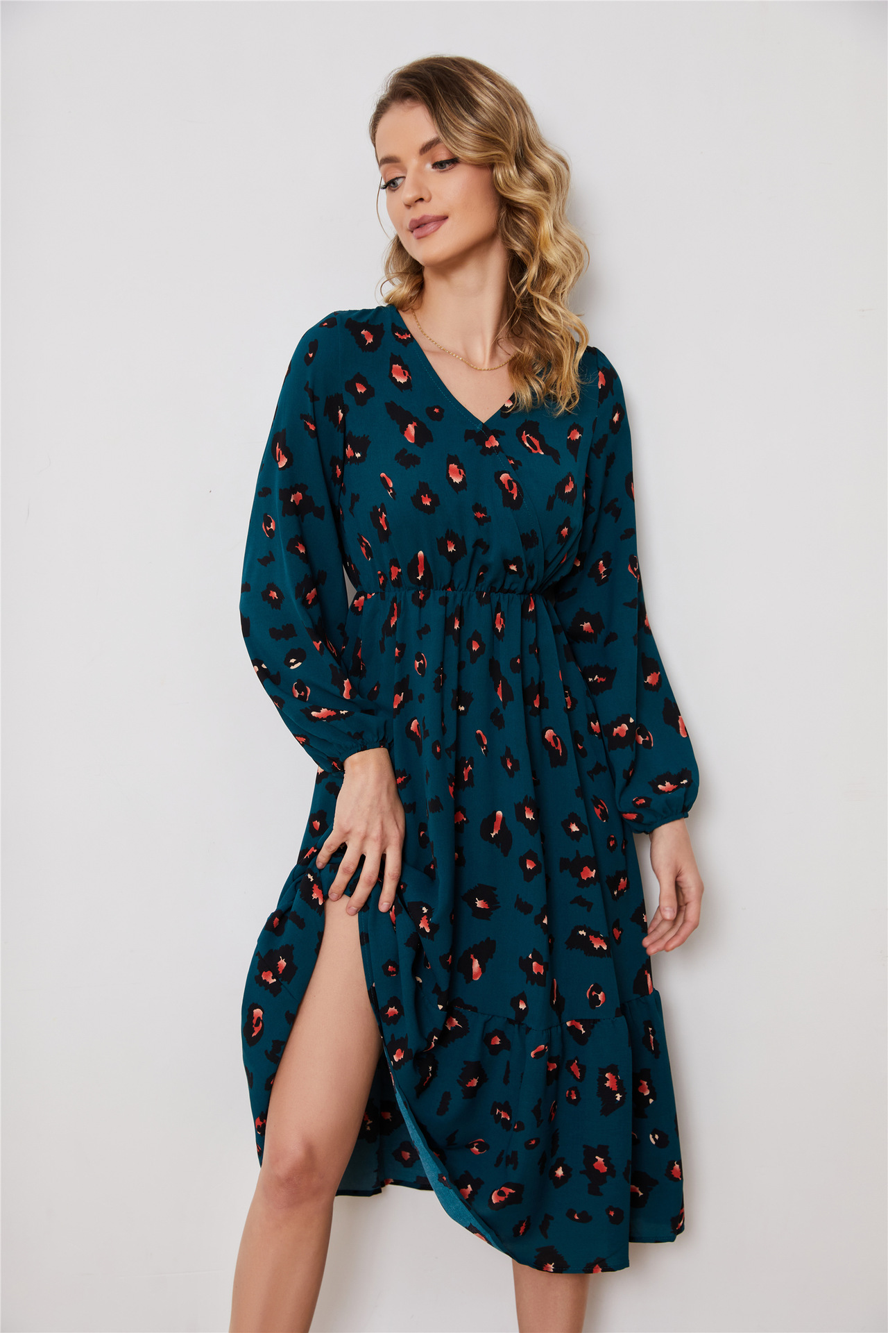 Women's V-Neck Floral Print Midi Dress Long Sleeve Chiffon