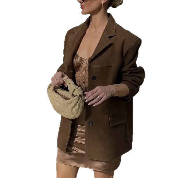 Women's Faux Suede Blazer Jacket Solid Color Long Sleeve