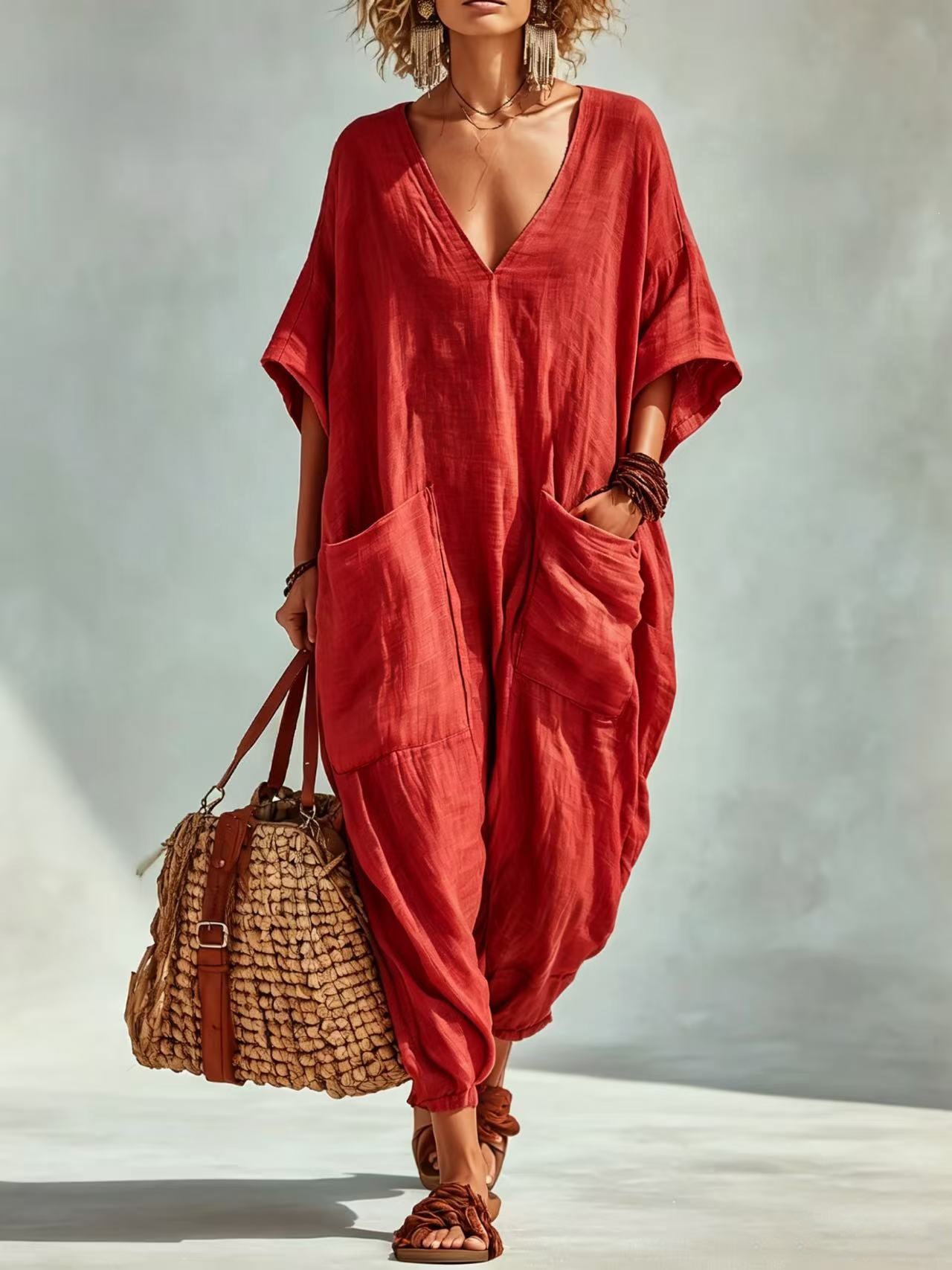 Women's Loose V-Neck Linen-Blend Jumpsuit with Pockets, Lantern Pants, Beach Vacation