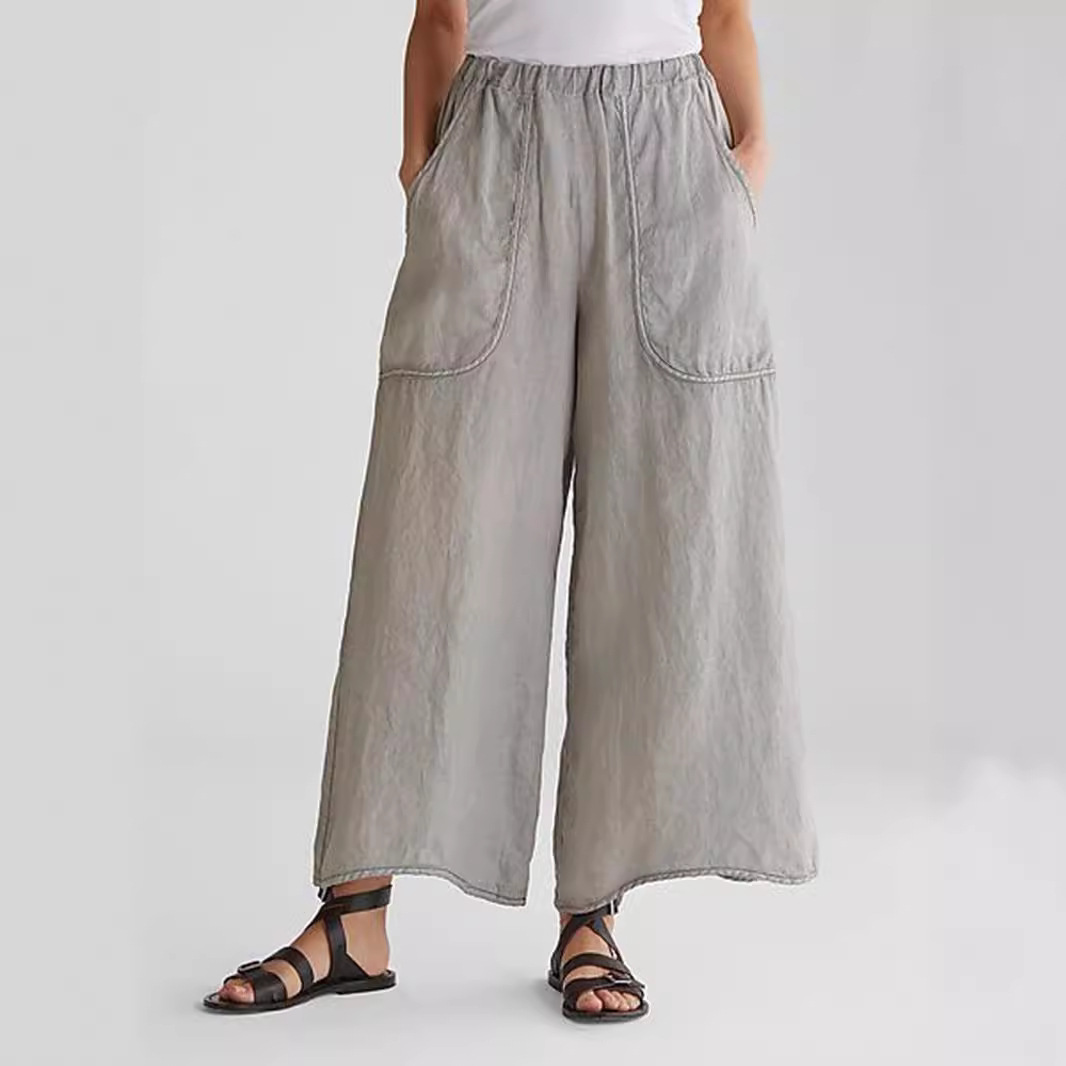 Cotton-Linen Wide-Leg Cropped Pants with Pockets