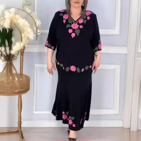 Black V-Neck Floral Print Midi A-Line Dress