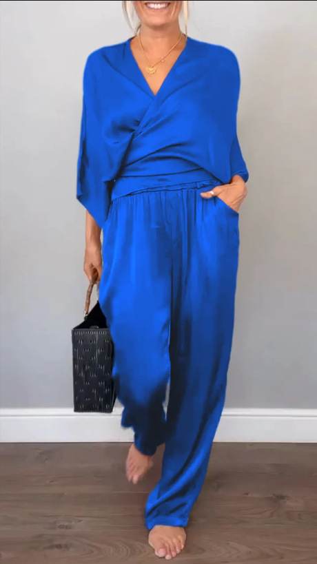 Women's Summer Solid Satin Short Sleeve Top and Pants Set