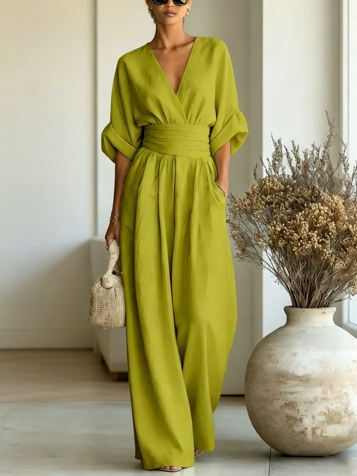 V-Neck Cinched Waist Rolled Sleeve Wide-Leg Jumpsuit