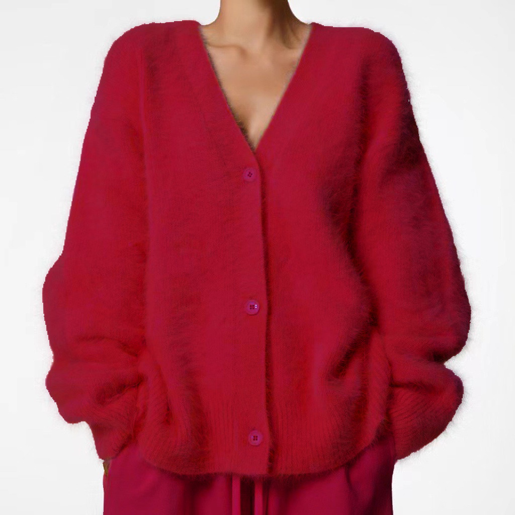 Faux Mink Knit Cardigan Sweater Women's Loose V-Neck Long Sleeve Button Front