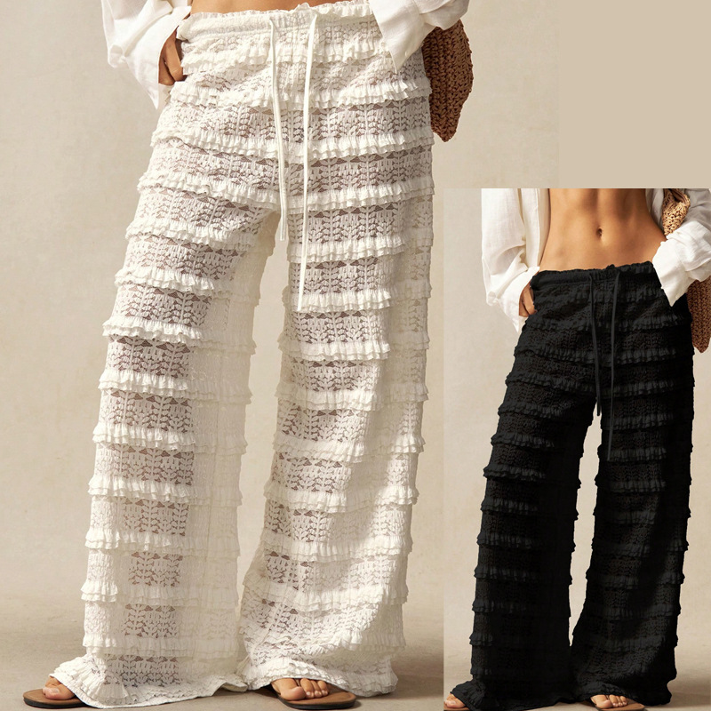 Women's Solid Lace Jacquard Hollow-Out Drawstring Wide-Leg Pants