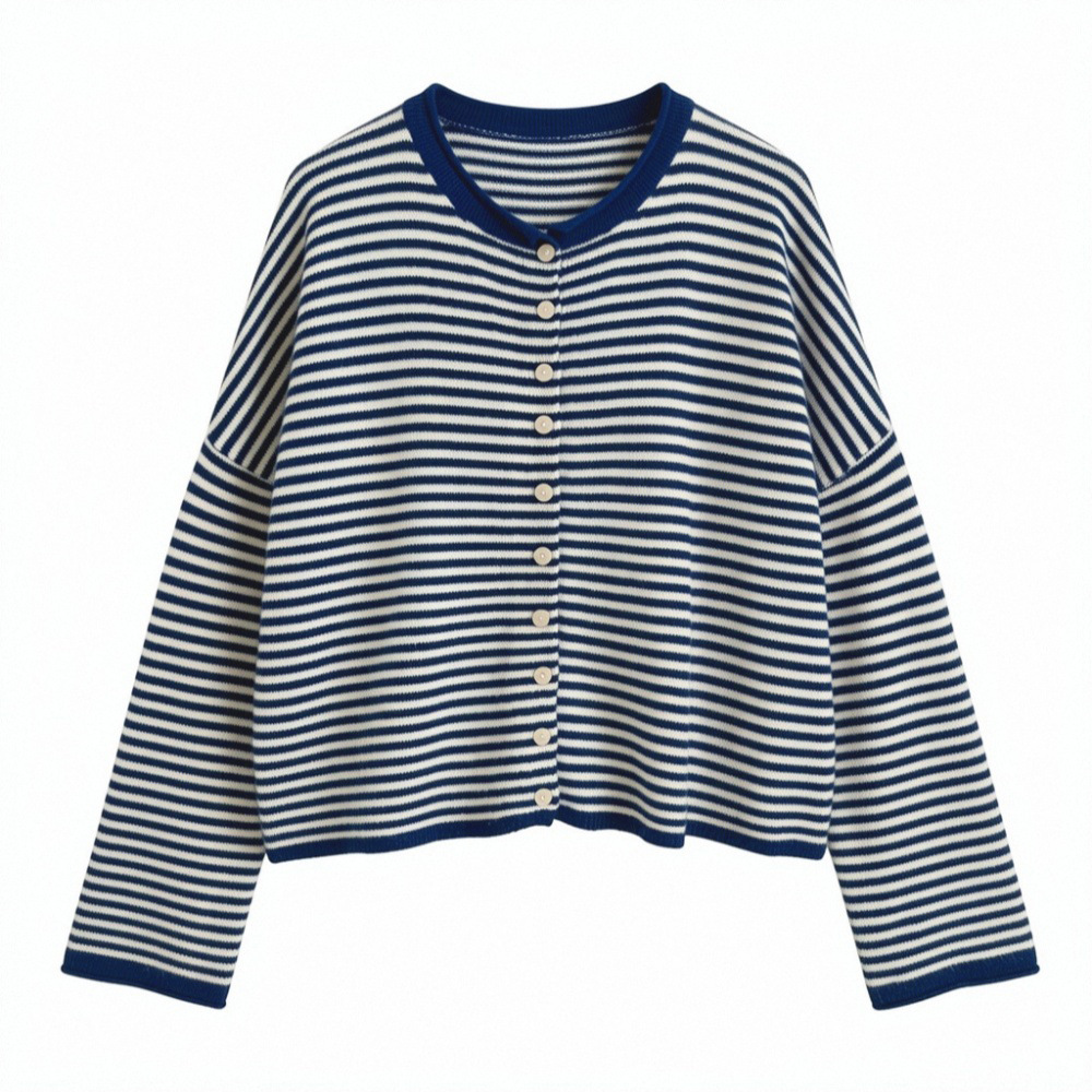 Striped Knit Cardigan Women's Loose Crew Neck Single-Breasted Long Sleeve Casual Outerwear