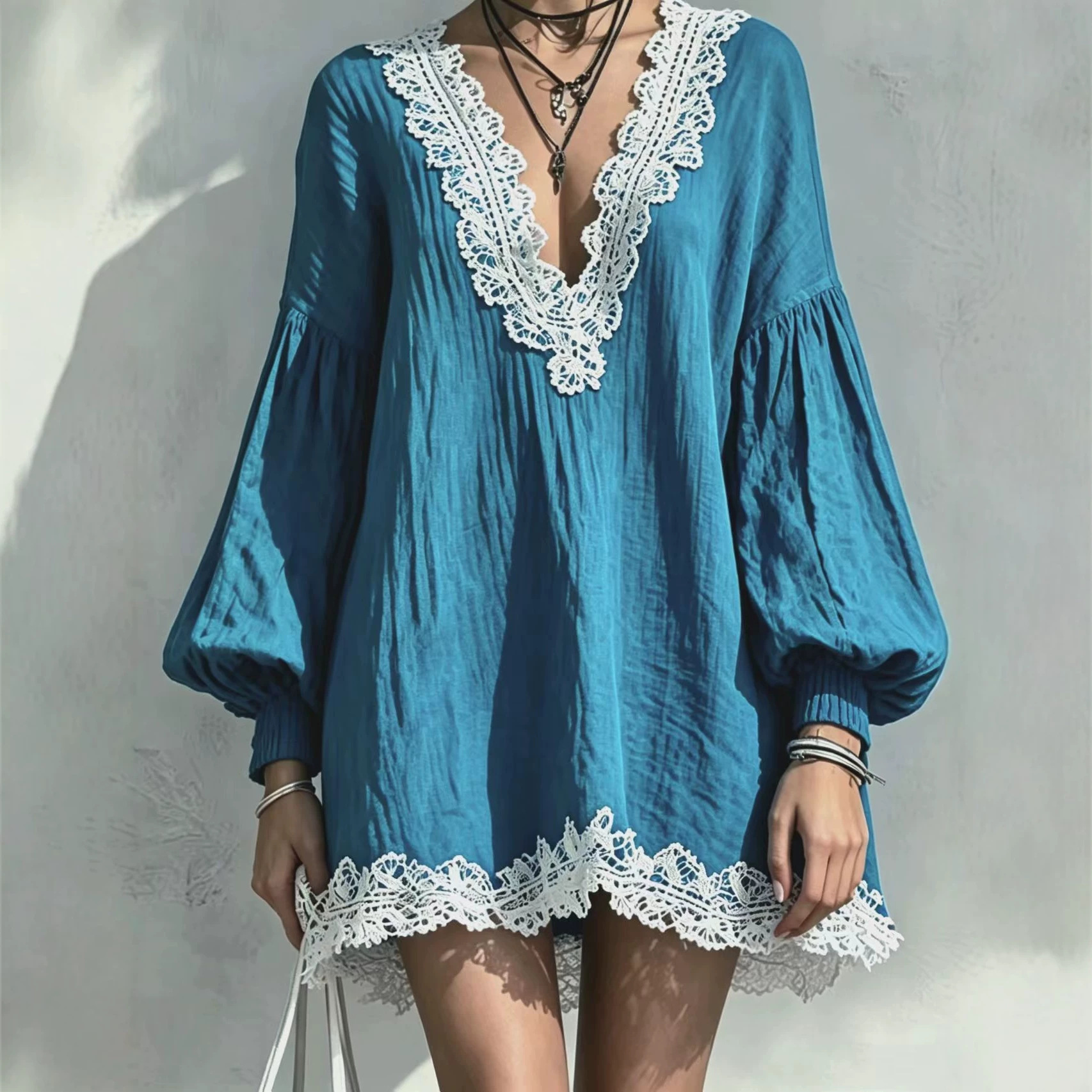 Color-Block V-Neck Lace-Trim Lantern-Sleeve Loose Dress