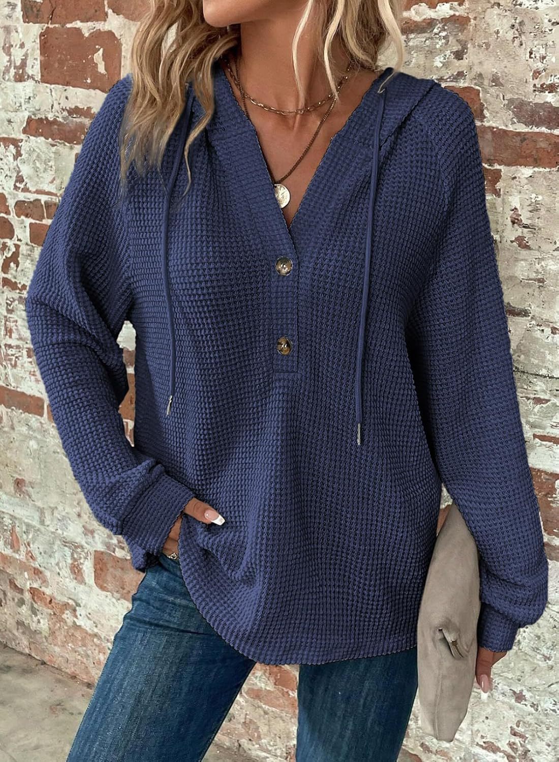 Women's Waffle Knit Drawstring Hoodie Button V-Neck Long Sleeve Pullover