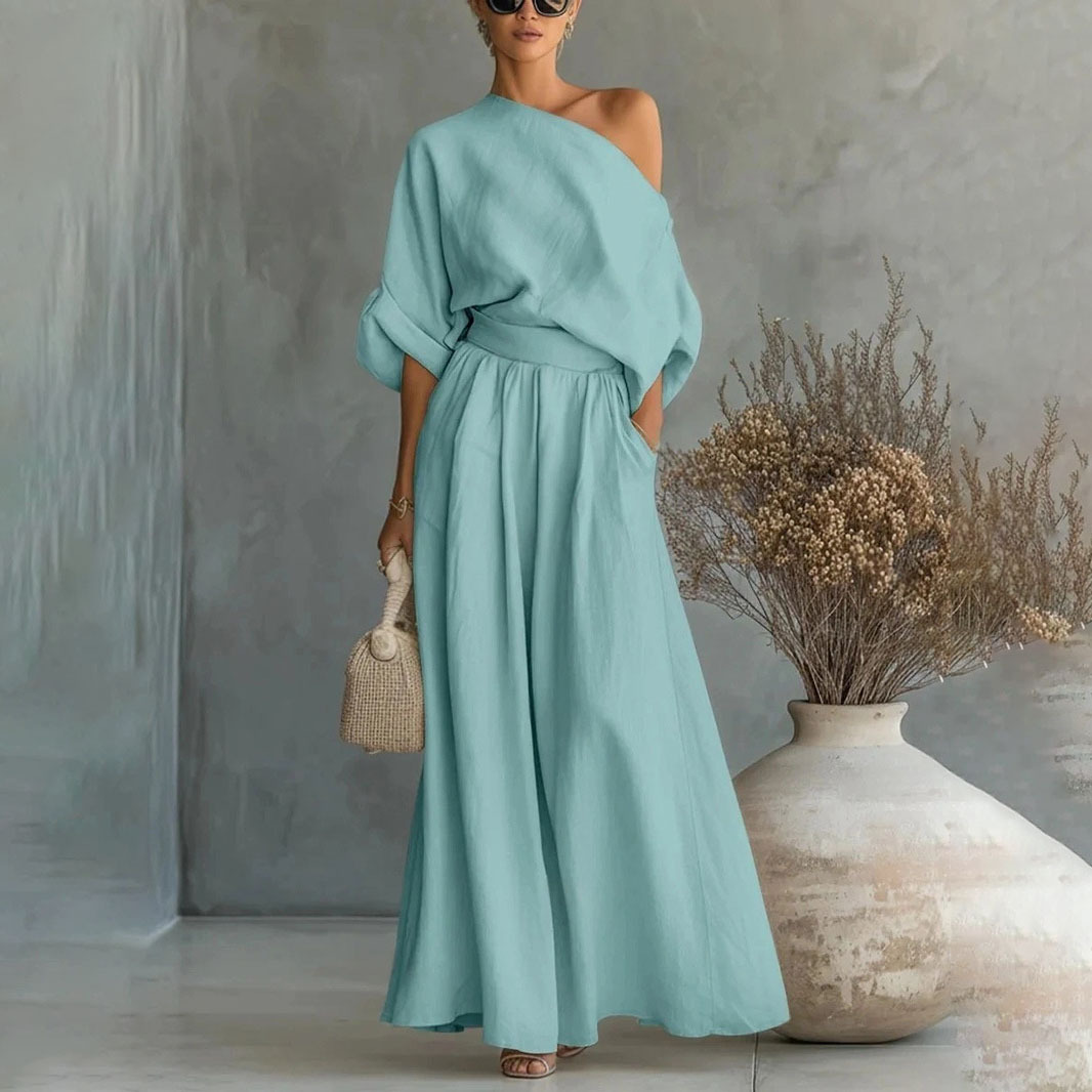 Women's Off-Shoulder Two-Piece Set Solid Color Pocket Wide-Leg Pants Casual Loose Fit
