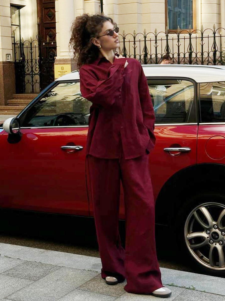 Women's Solid Color Long Sleeve Shirt and Pants Set Casual Loose Fit