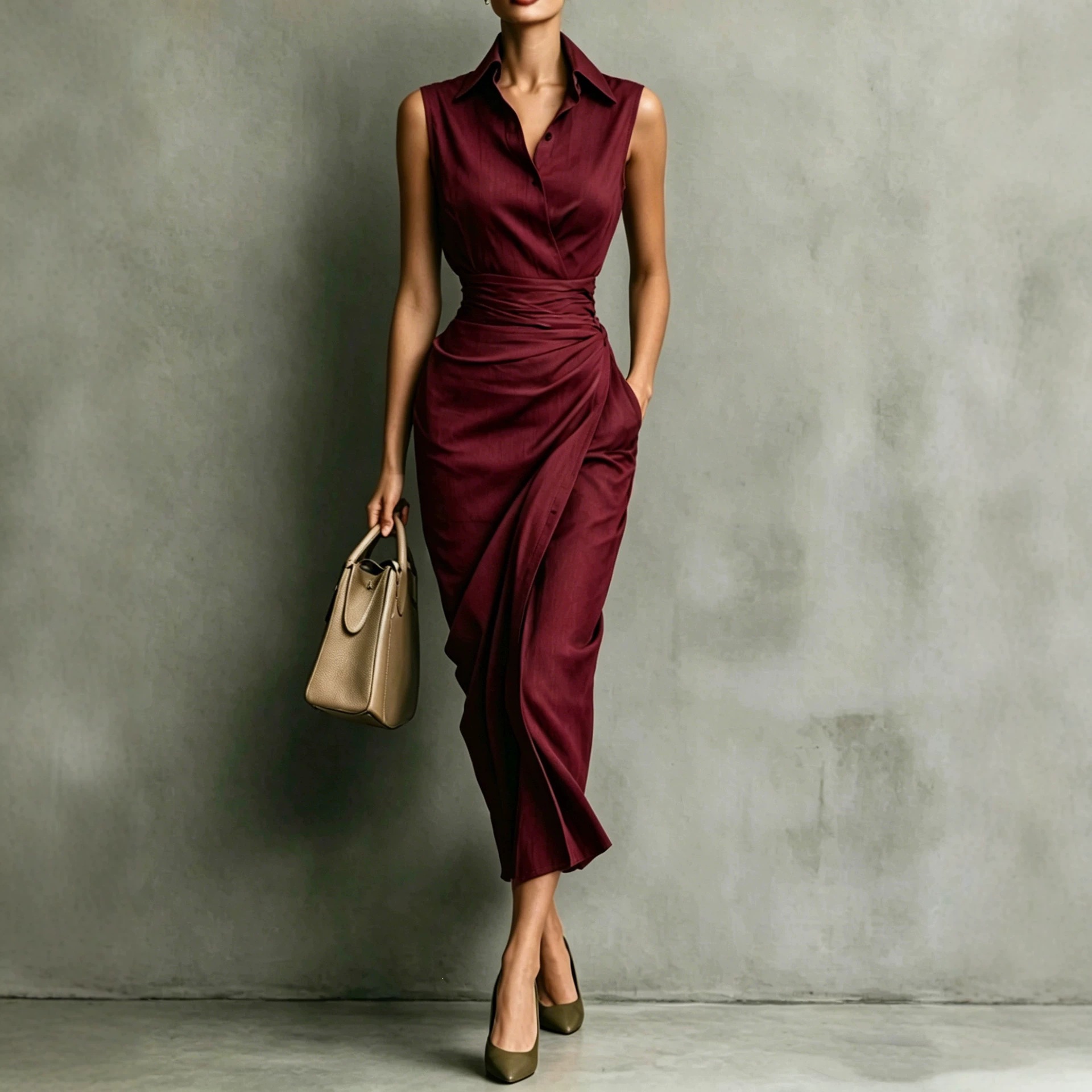 Sleeveless Asymmetric Shirt Dress Slim Fit Cotton Linen Blend
