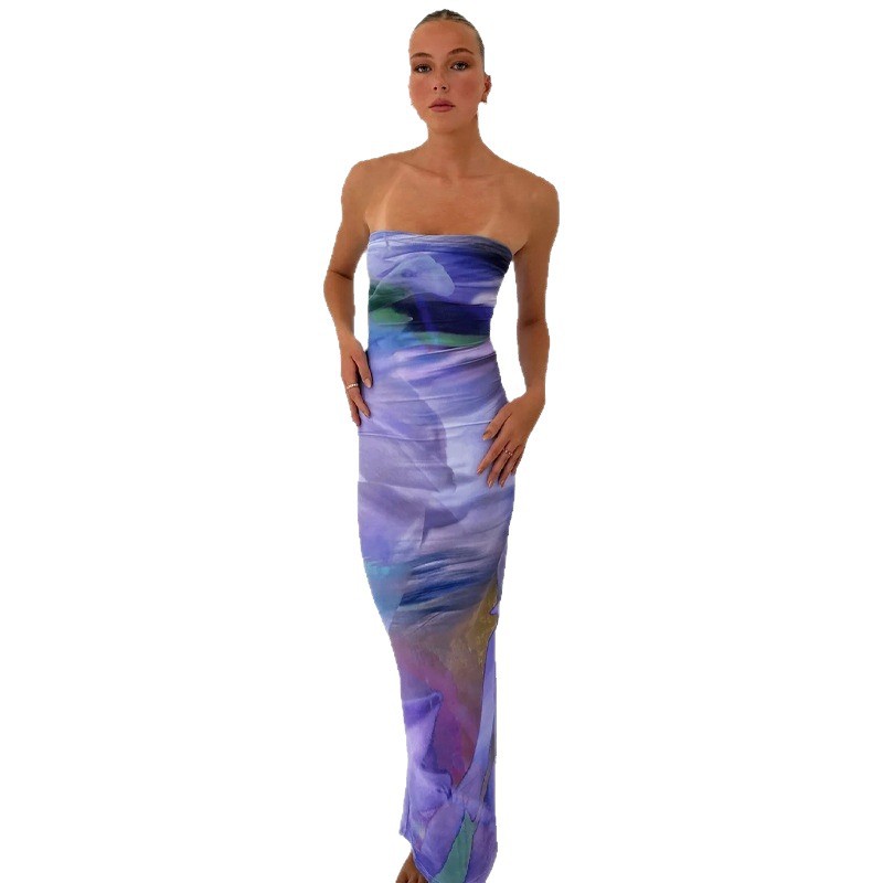Women's Floral Print Strapless Open-Back Bodycon Midi Dress