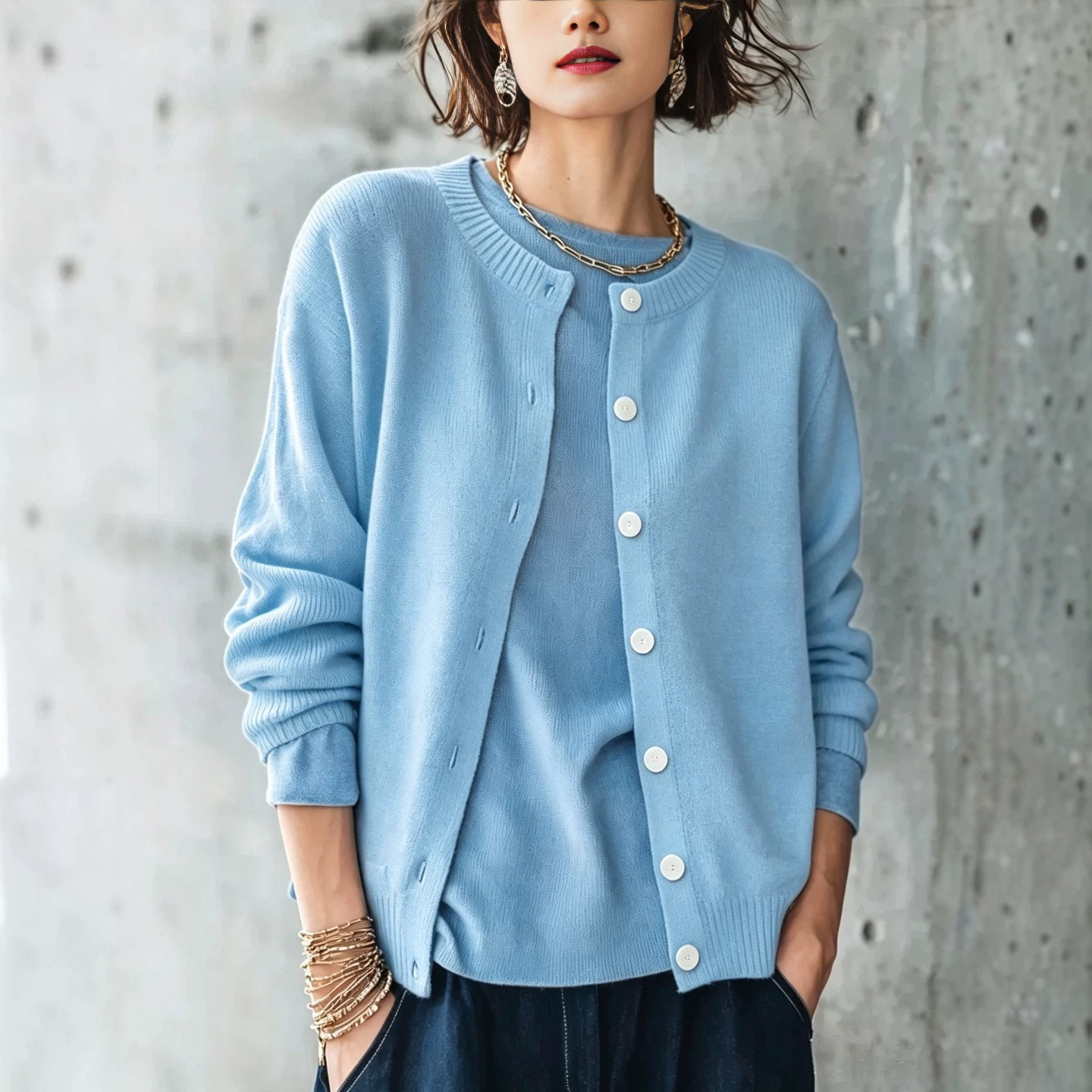 Women's Solid Crewneck Knit Cardigan Long Sleeve Button Casual Sweater Coat