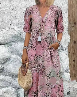 Women's Printed V-Neck Midi Dress with Pockets Casual Vacation Home Wear
