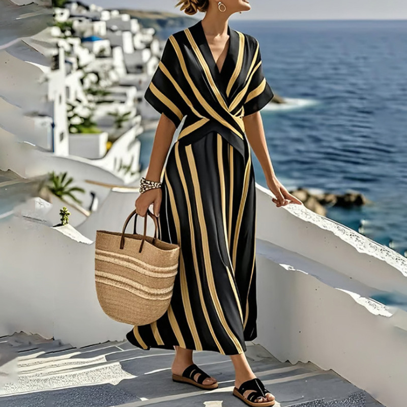 Women's Striped V-Neck A-Line Midi Dress Casual Loose Fit