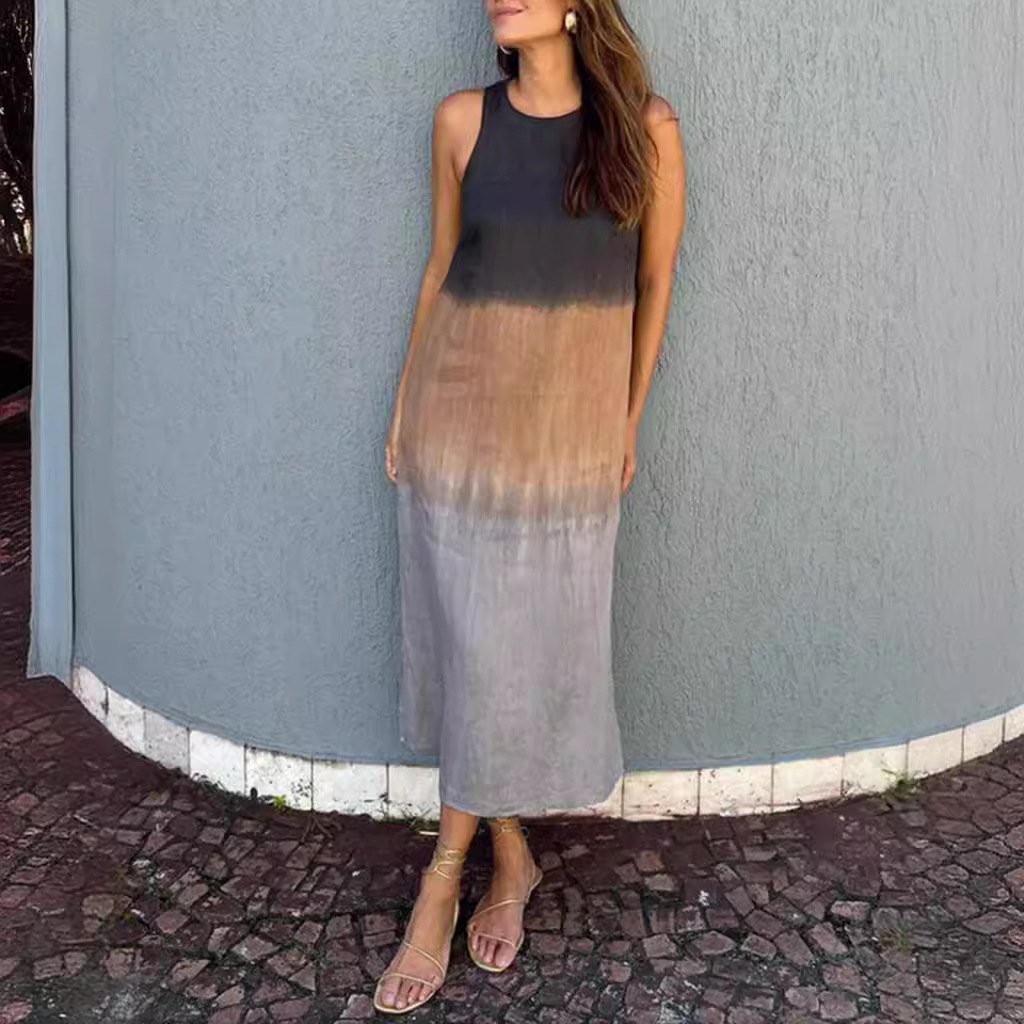 Women's Sleeveless Colorblock Print Round Neck Loose Dress