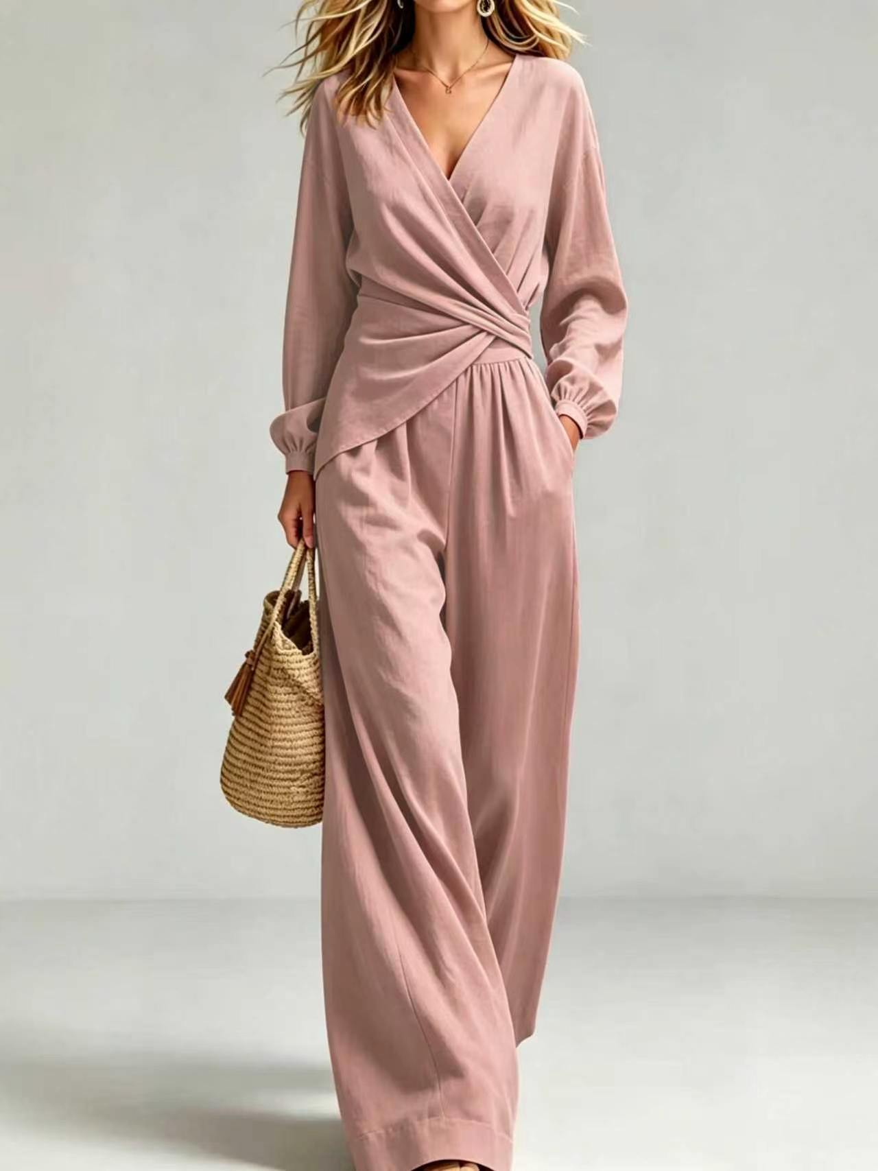 Women's Puff Sleeve Slimming Two-Piece Pant Set