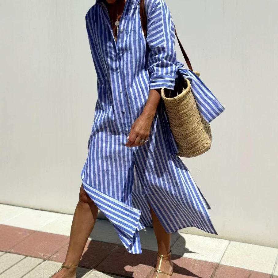 Striped Five-Sleeve Collared Shirt Dress