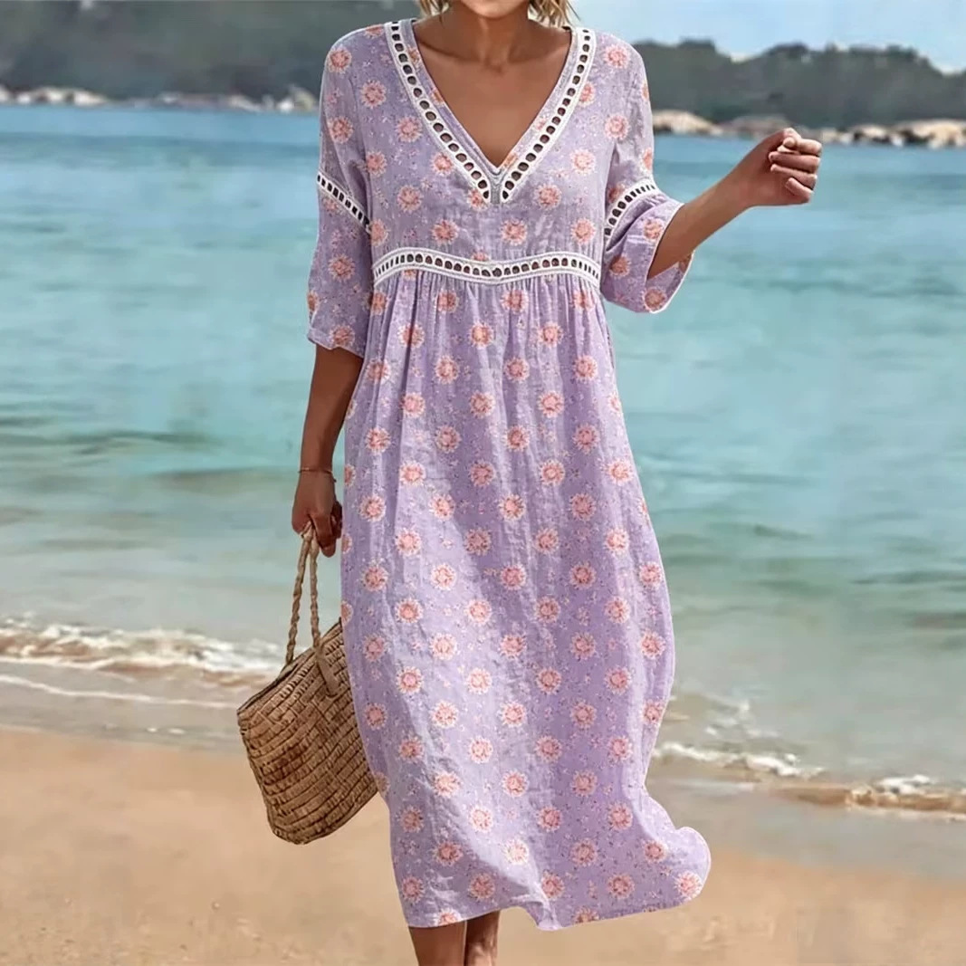 Women's Floral Polka Dot Print Pleated Midi Dress
