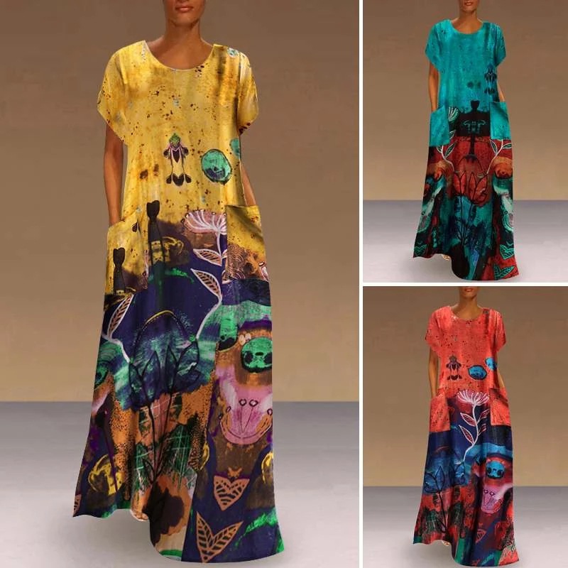 Women's Summer Short Sleeve Printed Casual Long Dress