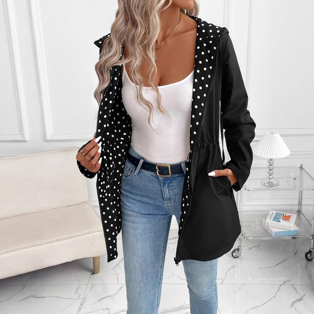 Reversible Leopard Print Hooded Zip Jacket with Belt Long Sleeve