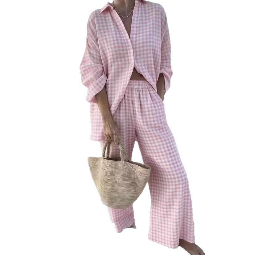 Pink Plaid Two-Piece Shirt and Pants Set Casual Chic