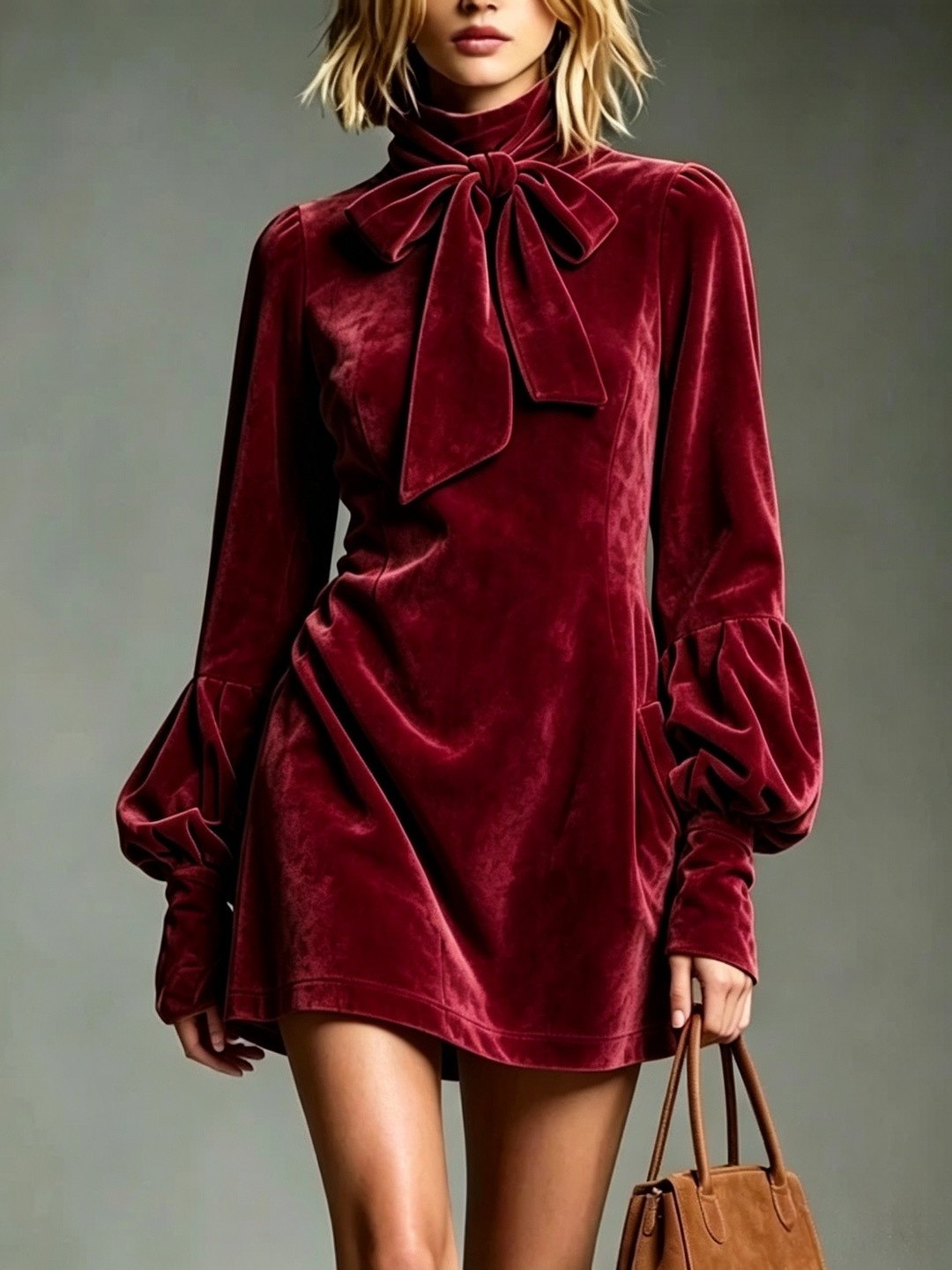 Women's High Neck Bow Lantern Sleeve Vintage Dress