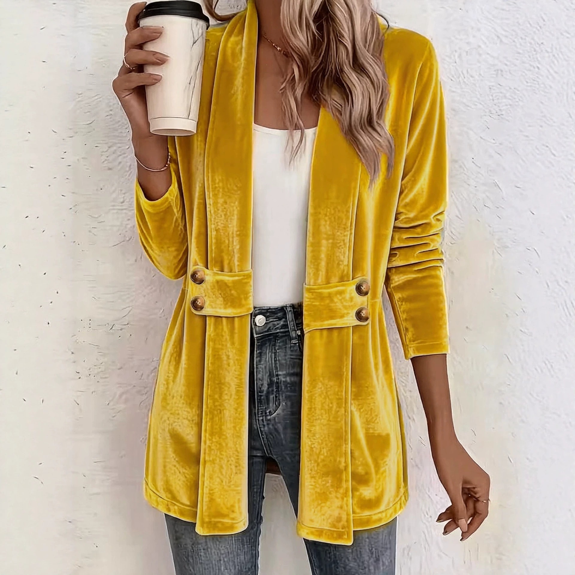 Women's Double-Breasted Velvet Cardigan Lazy Style Midi Top