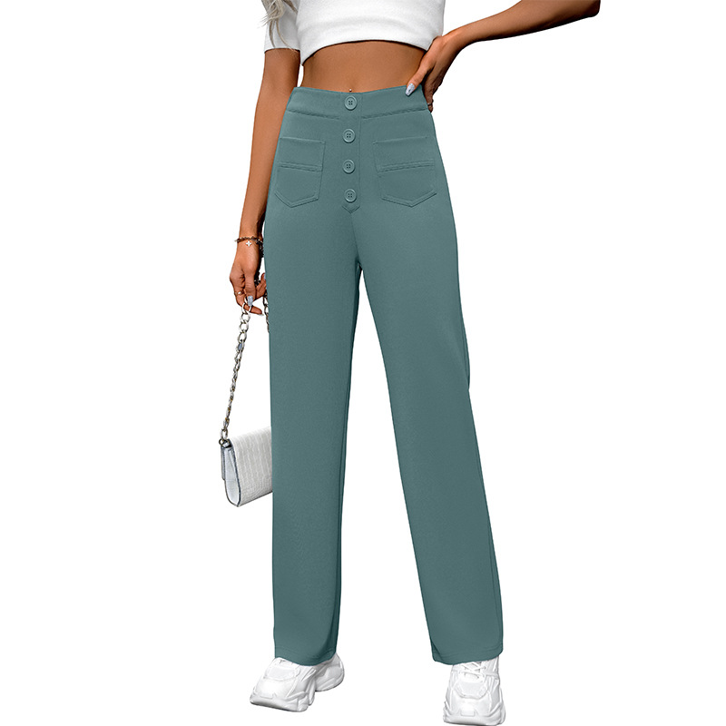 High-Waist Wide-Leg Button Pants with Pockets Casual Straight-Leg Trousers