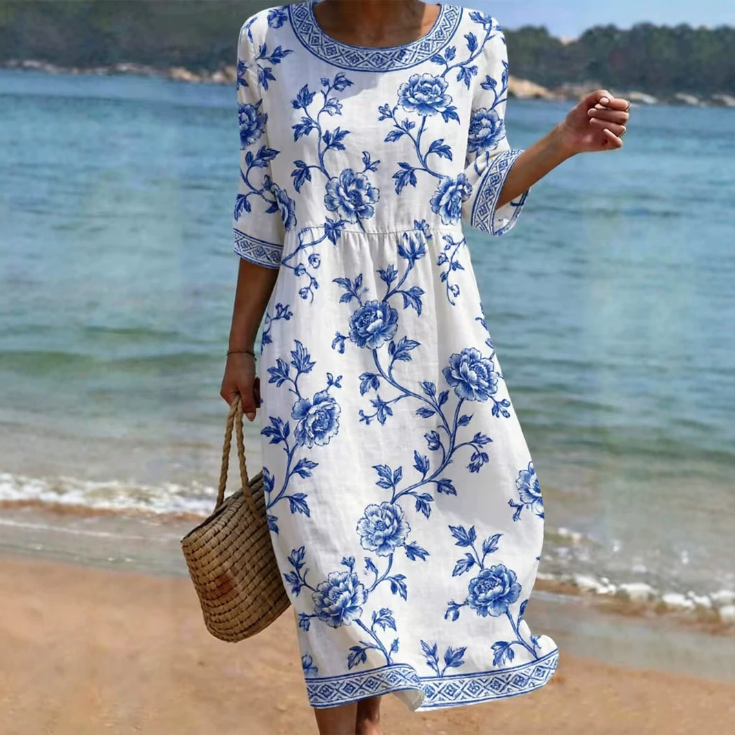 Women's Vintage Floral Print Pleated Midi Dress