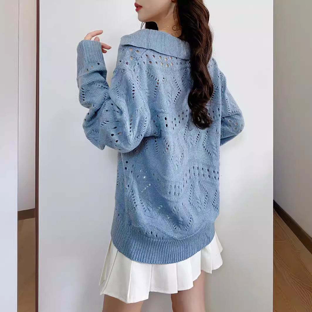 Women's Hollow-Out Polo Neck Knit Sweater Long Sleeve Loose Soft Pullover