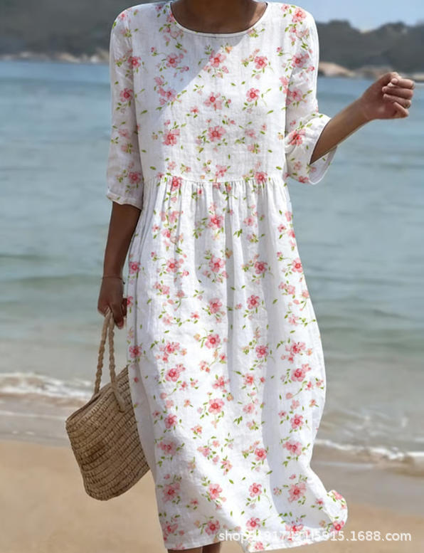 Women's Floral Print Ruched Midi Dress with Half Sleeves