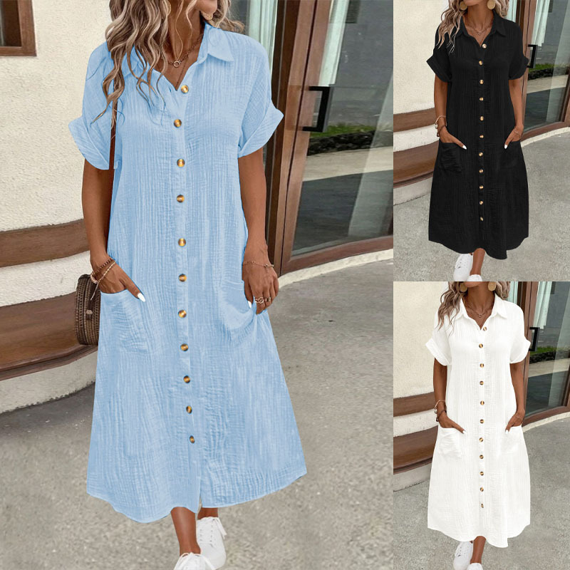 Women's Short Sleeve Long Shirt Dress Solid Color Casual