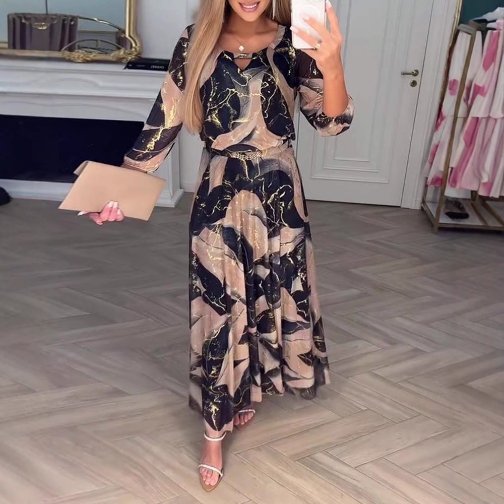 Elegant Floral Print Seven-Sleeve Waist-Cinched Dress