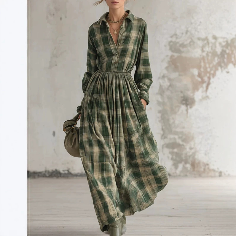 Retro Plaid Long Sleeve High-Waist Maxi Dress with Pockets