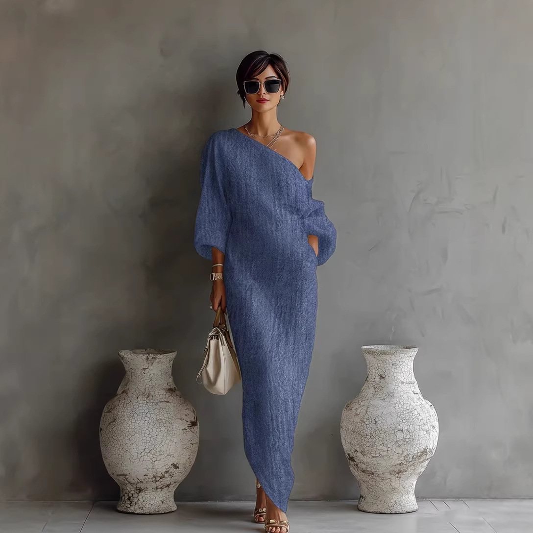Women's Long Sleeve Off-Shoulder Midi Dress Solid Color Slim Fit