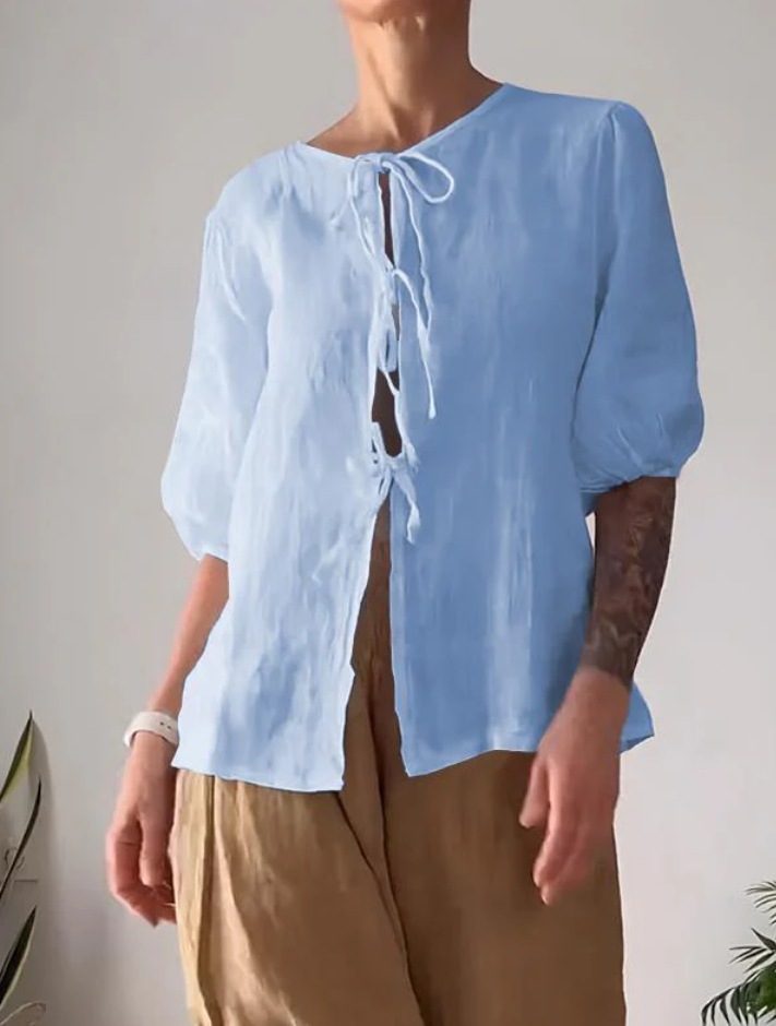 Women's Casual Solid Color Tie-Front Shirt and High-Waist Wide-Leg Pants Two-Piece Set