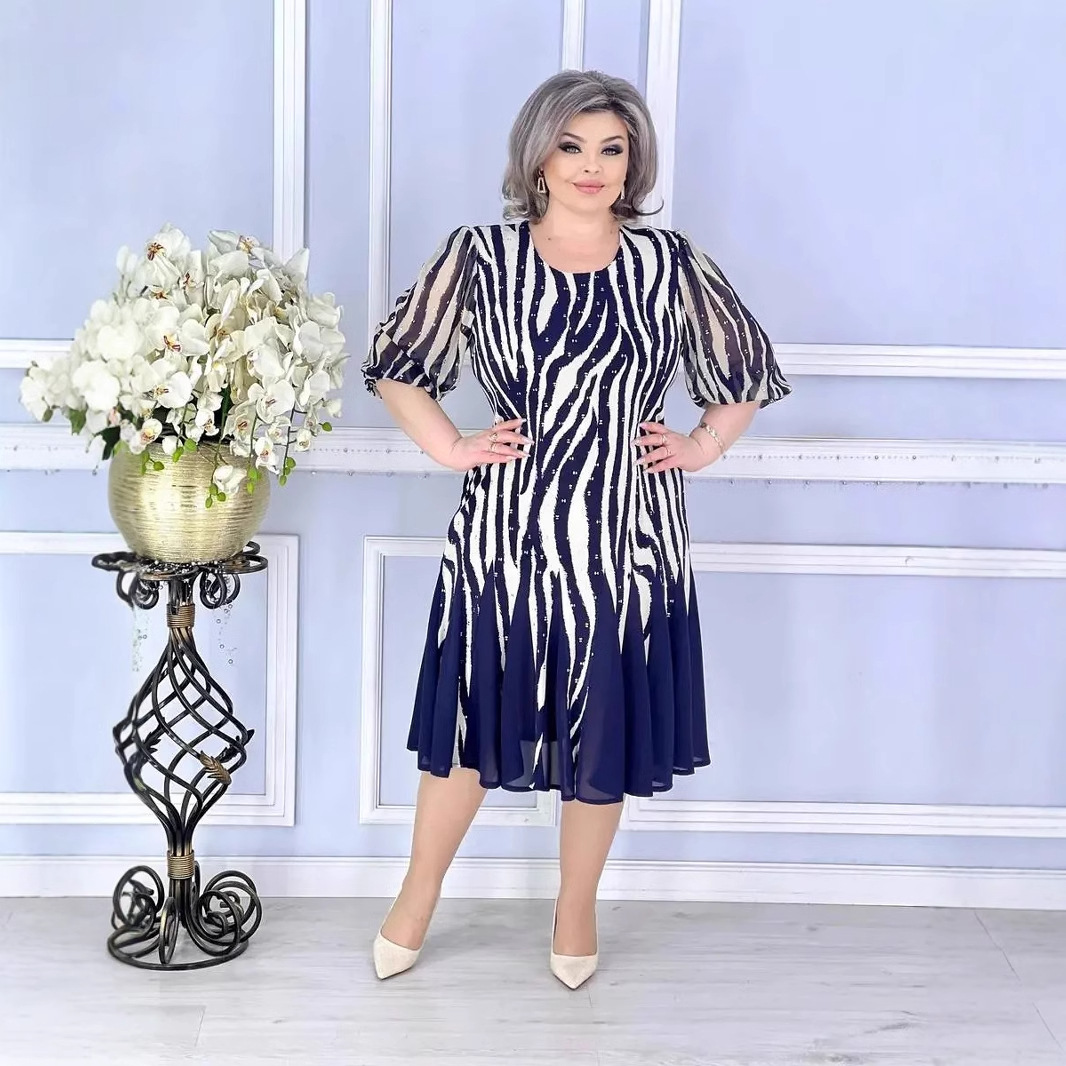 Geometric Print V-Neck A-Line Midi Dress with Half Sleeves