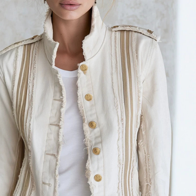 Casual Vintage Frayed Off-White Denim Jacket