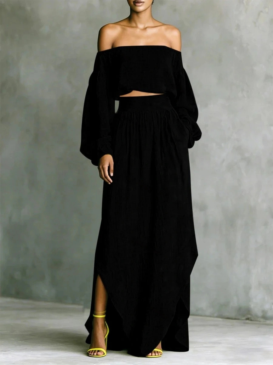 Women's Off-Shoulder Top and Asymmetrical Skirt Two-Piece Set
