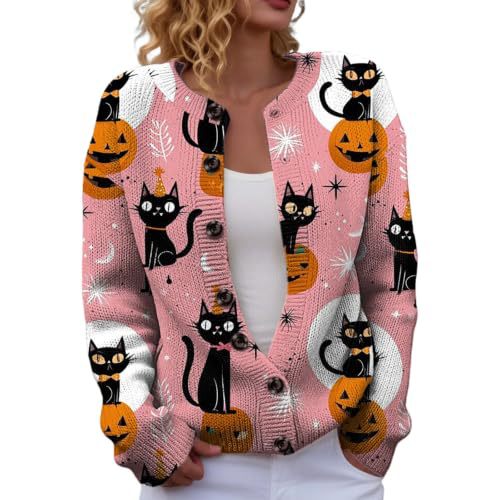 Halloween Pumpkin Castle Print Faux Knit Cardigan for Women