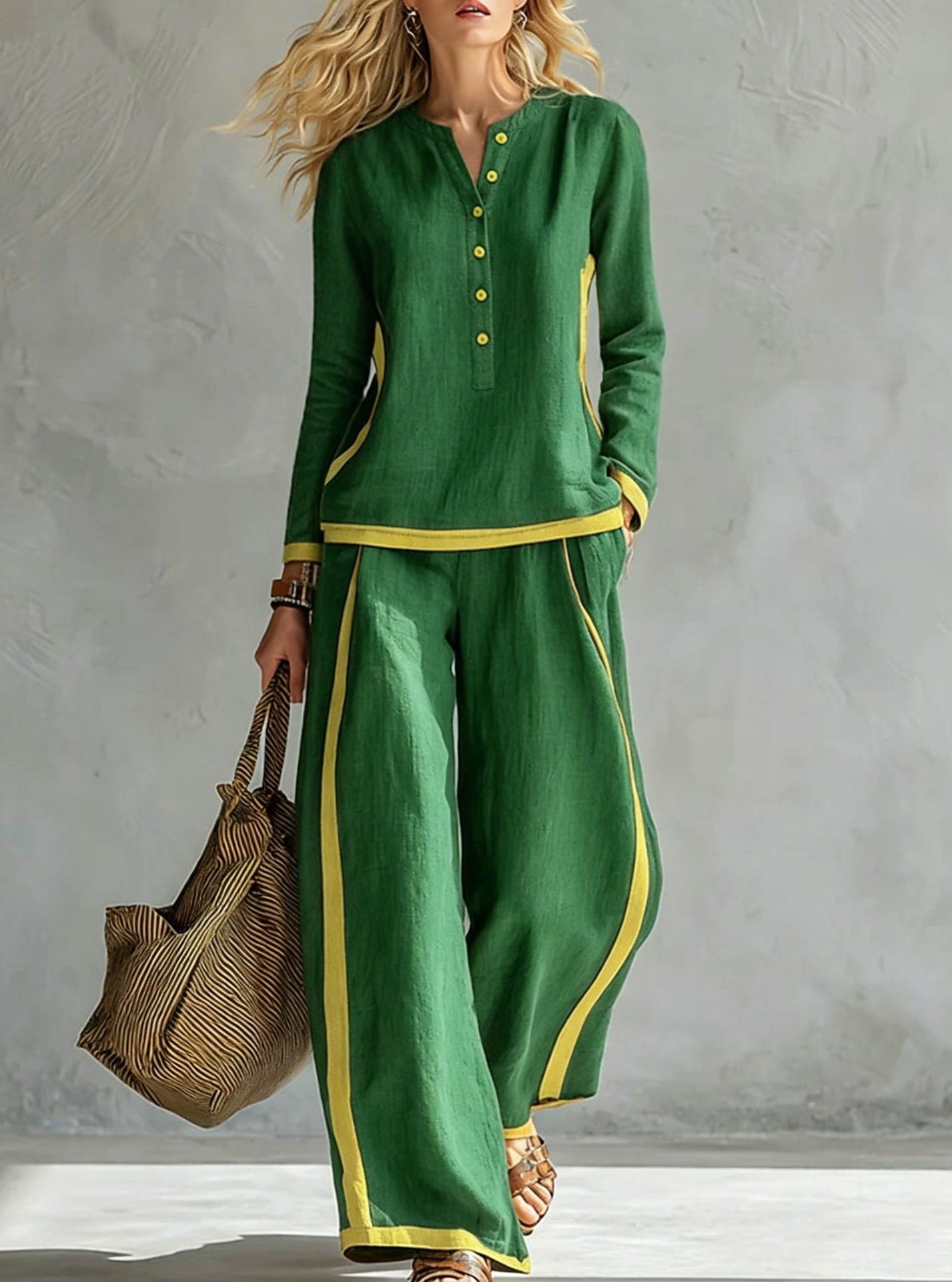 Women's Color-Block Cotton-Linen Two-Piece Set Button-Front Stand Collar Long Sleeve Top & Side-Striped