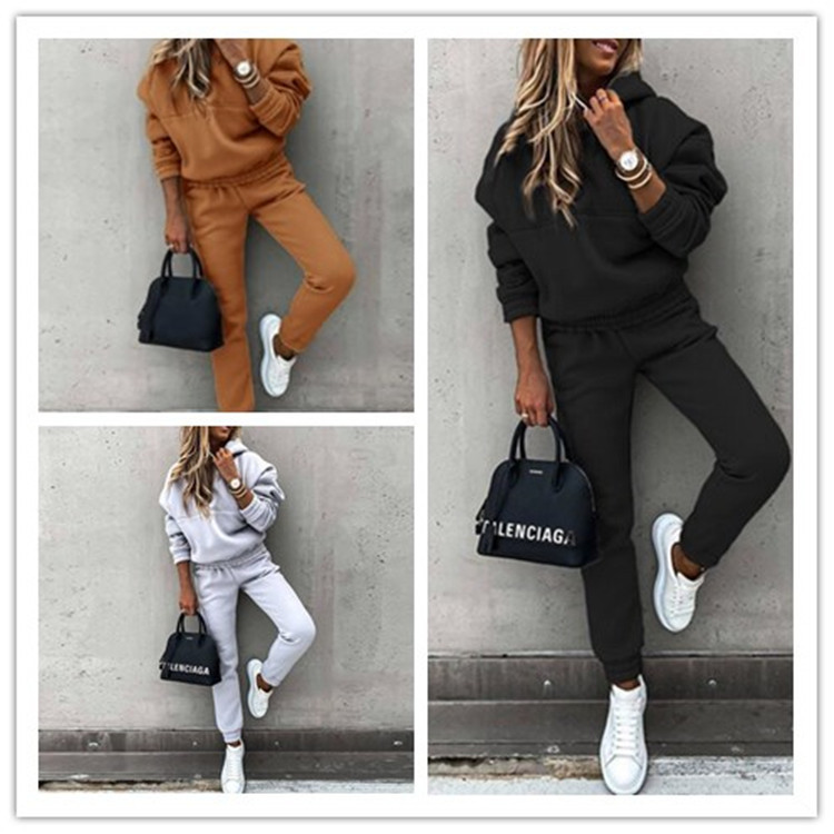 Women's Casual Solid Color Hoodie and Pants Set Long Sleeve Korean Style