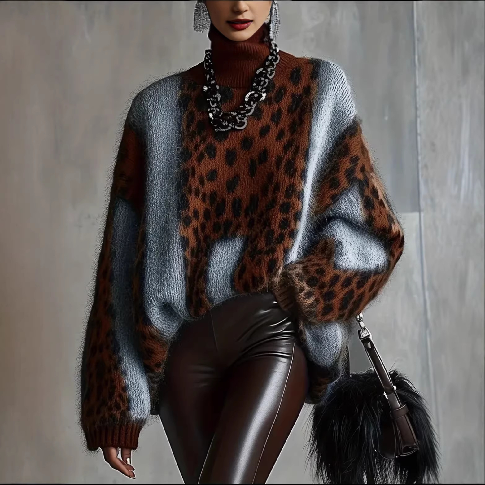 Leopard Print Knit Sweater Women's Loose High Neck Pullover