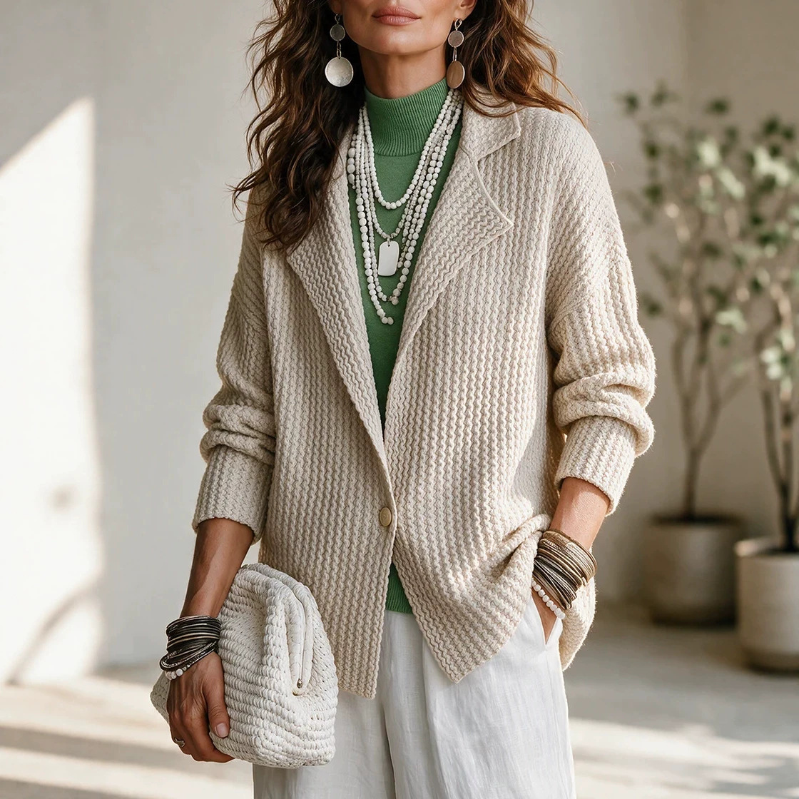 Women's Textured Knit Cardigan with Blazer Collar Single Button Loose Fit