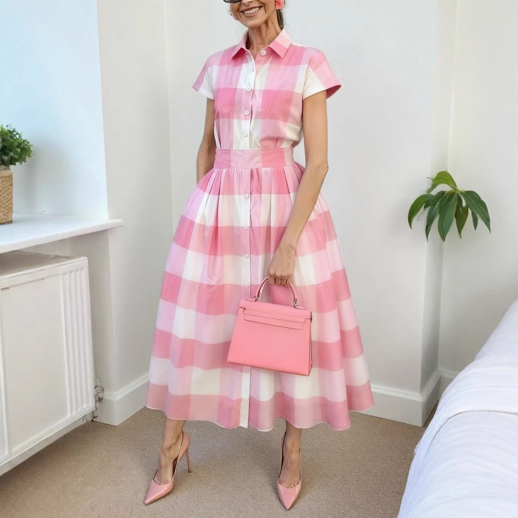 Pink Plaid Print Short Sleeve A-Line Midi Dress