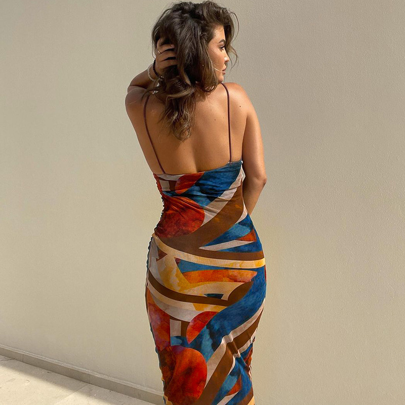 Women's Floral Print Split-Back Strapless Bodycon Cami Dress