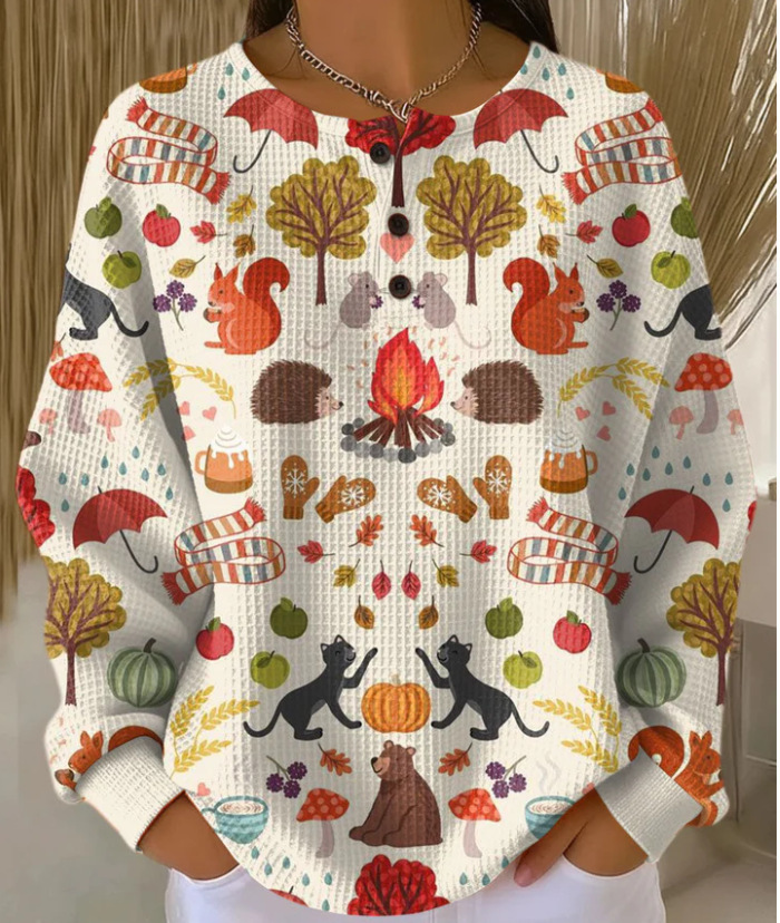 Women's Plaid Pumpkin Floral Butterfly Print Button Sweatshirt